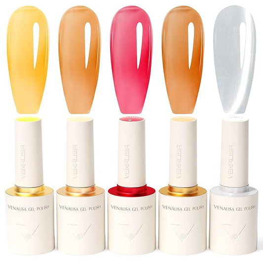 VENALISA 10 ML Jelly Gel Nail Polish Set with DIY Nail tips Kit, 5 Pcs Transparent Yellow Orange Red Brown White Gel Polish Color High Gloss Soak Off U V Nail Manicure Salon DIY
