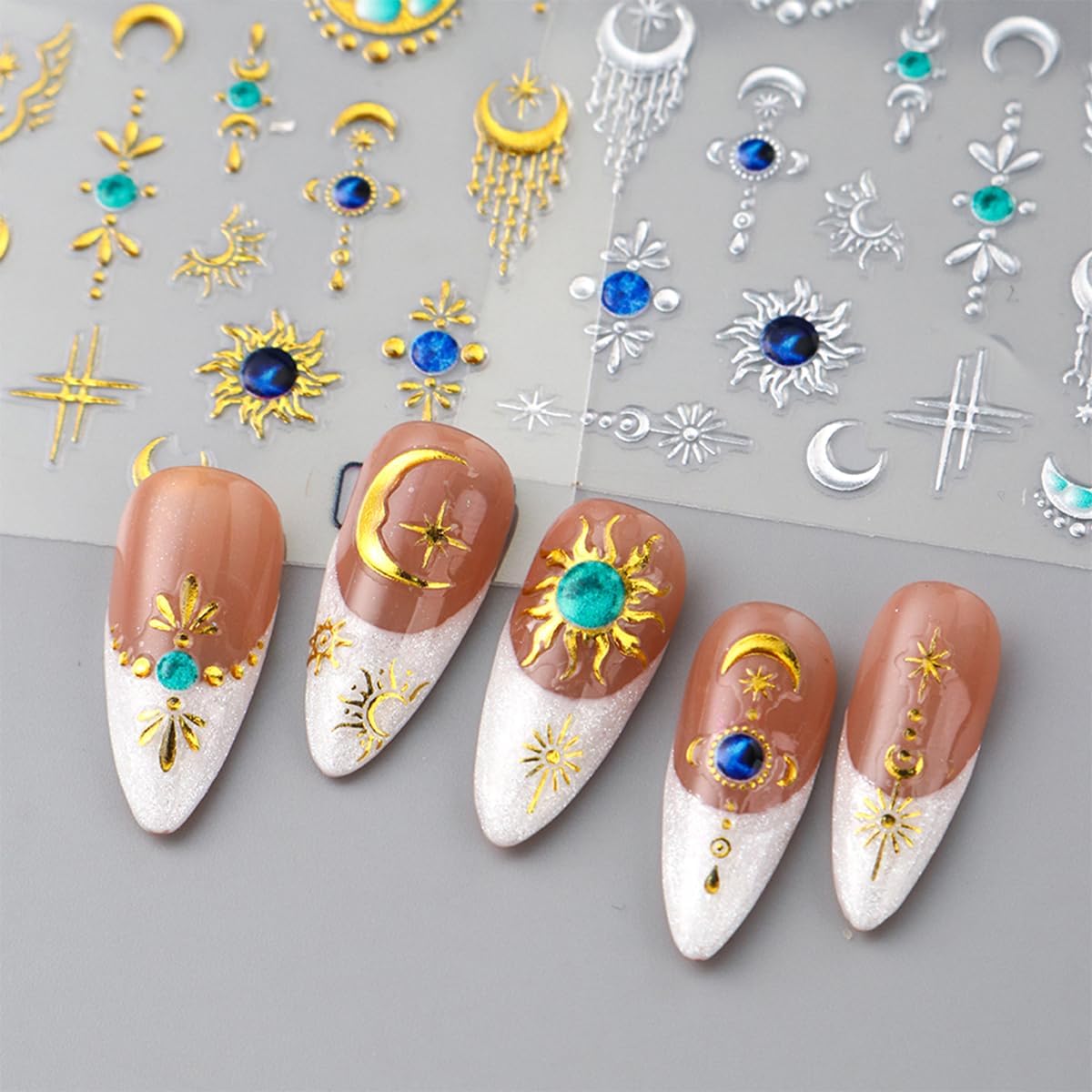 2 Sheets Star Sun Moon Nail Art Stickers 5D Embossed Gold Silver Nail Stickers Bohemian Style Blue Green Crystal Diamonds Design Star Nail Art Decals Manicure Slider for Women DIIY Nail Decorations