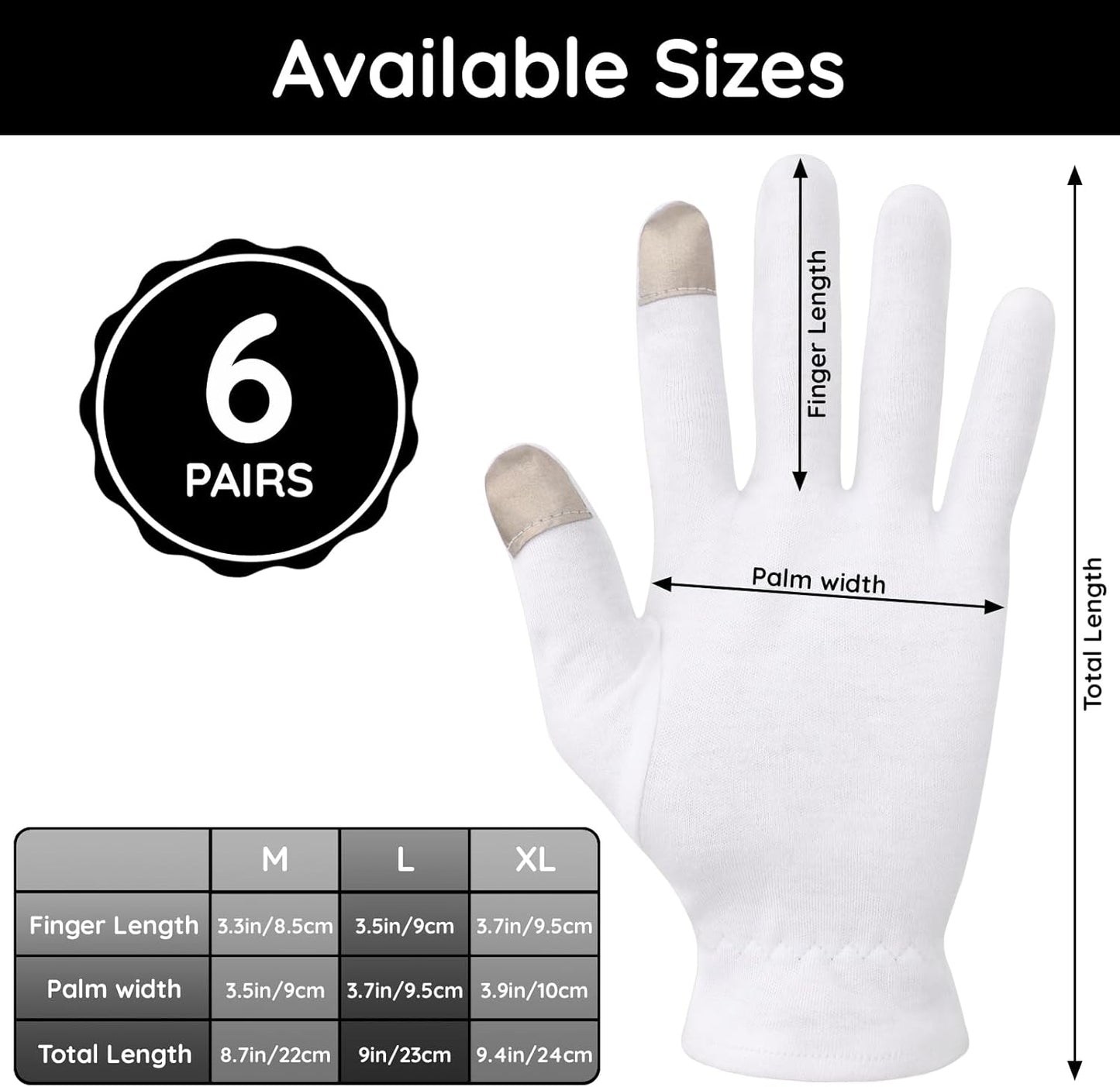 Segbeauty 12 Count Moisturizing Gloves with Touchscreen Fingers, Cotton Glove Liners with Elastic Band for Sleeping Overnight, White Cotton Glovesfor Men and Women, Work Gloves for Coin Handling Large