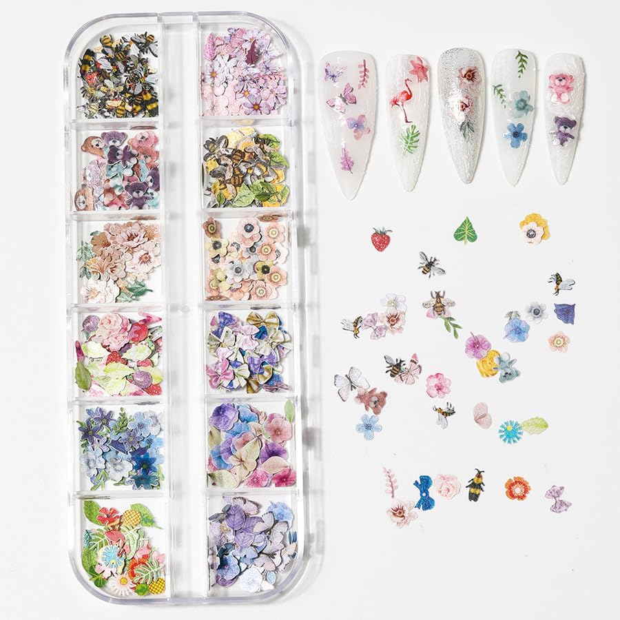 600Pcs 3D Flower Nail Art Charms Bee Bear Sequins Decals Colorful Mixed Bows Letters Design Slice Nail Maple Leaves Ultra Wood Pulp Flakes Sequins 4