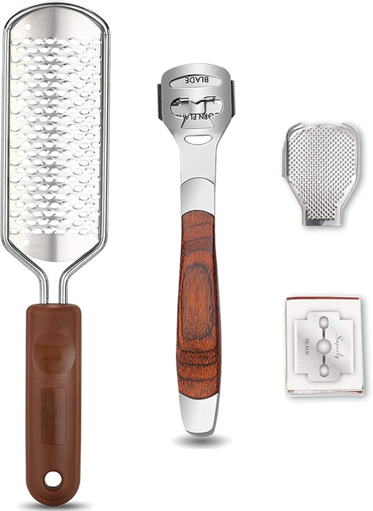 Colossal Foot Rasp & Wood Handle Callus Shaver (10 Replacement & 1 File Foot Heads), Pedicure Foot File Kit, Heel Scraper for Feet, Foot File Callus Remover