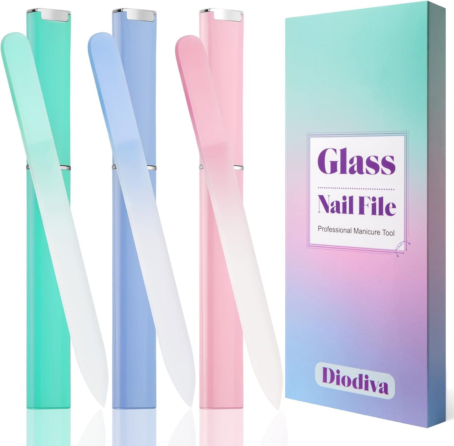Glass Nail File 3 Pack for Natural Nails, Crystal Fingernail Files with Case Etched Nail Filer Professional Nail File Glass Lima de uñas, Unique Christmas Gifts Stocking Stuffers for Women Adults