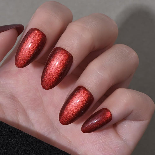 evpct Dark Red Press on Nails Almond Short, Dark Cherry Red Cat Eye Glitter Press on Nails for Women Gift, Soft Gel Press Glue On Nail with Nail Glue, Full Cover, 30Pcs Reusable Acrylic Fake Nails Kit