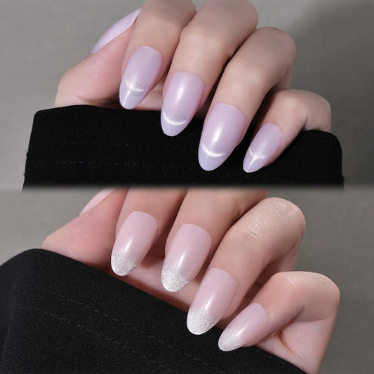 Cat Eye Press on Nails Short Almond - Light Purple & Nude Pink Shimmer Glossy French Tip Press on Nails for Gift, Soft Gel Press Glue On Nail with Nail Glue, Full Cover Reusable Acrylic Fake Nails Kit