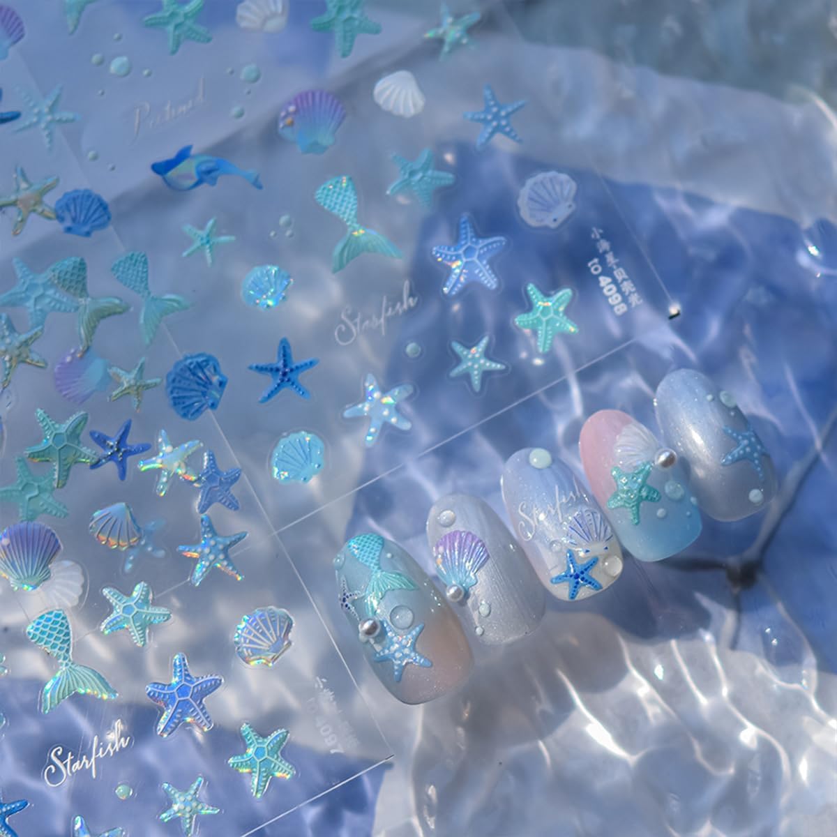 Summer Nail Art Stickers 5D Embossed Shell Starfish Nail Stickers Cute Dolphin Mermaid Nails Art Design Ocean Sea Theme Nail Decals Self Adhesive Nails Supplies for Women Manicure Decoration