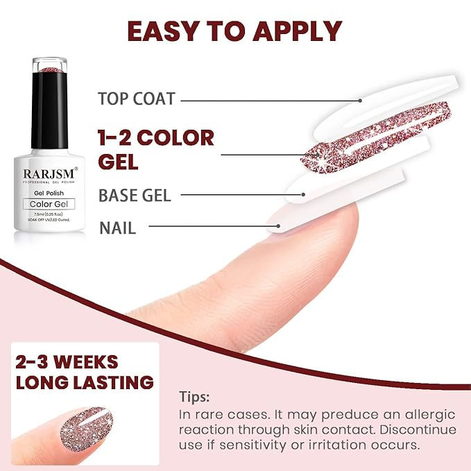 RARJSM Diamond Glitter Gel Polish,Dark Red Gel Nail Polish,Chunky Glitter GelPolish Soak Off U V L E D Nail Art Starter Manicure Salon DIY at Home 7.5ML Curing Require