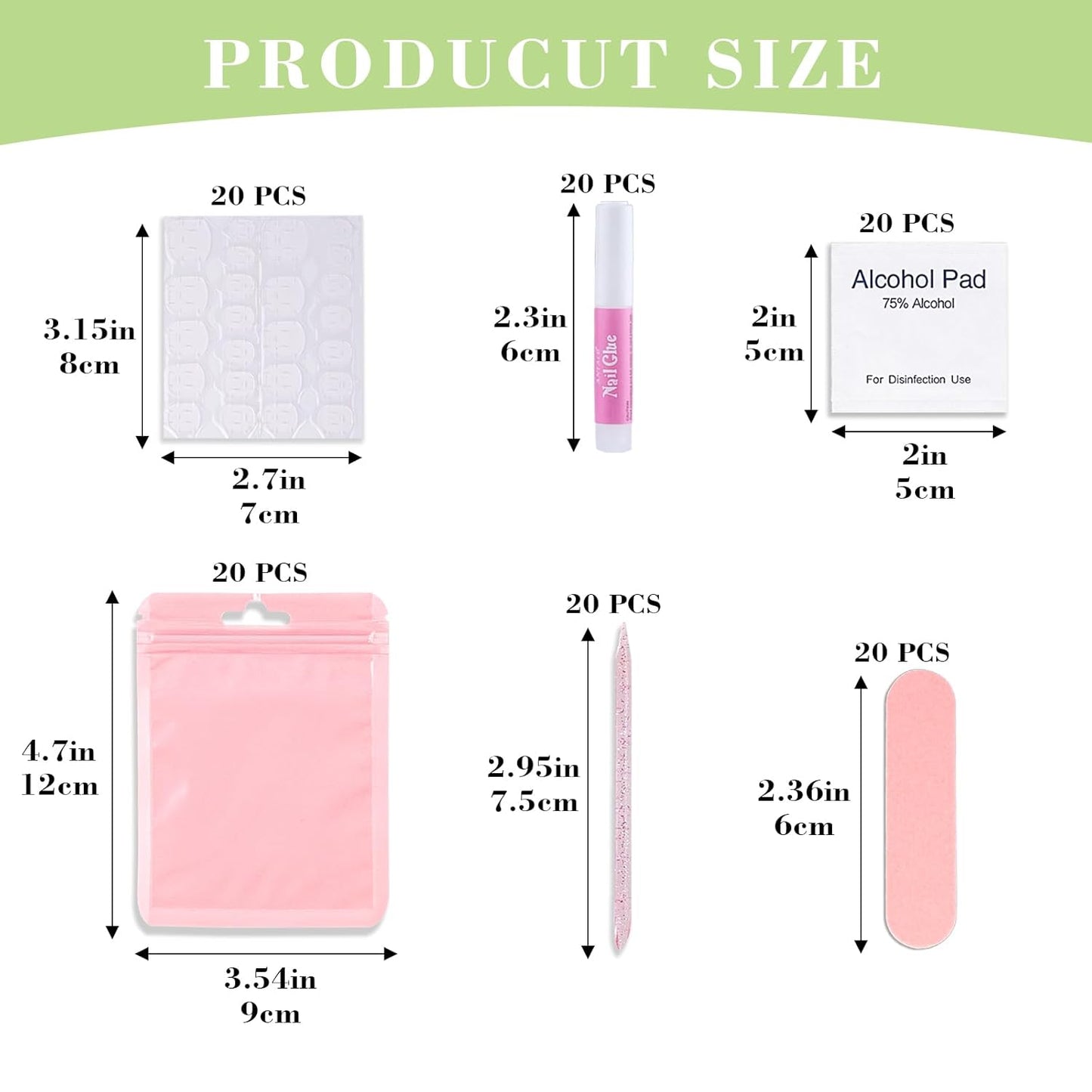 Press On Nail Tool Kit with Everything, Bebbtiy Press On Nail Prep Tool Kit Disposable Manicure Kit with Nail File, Nail Glue, Prep Pads, Adhesive Nail Tabs, Wood Stick, Packaging Bag (20pcs-pink)