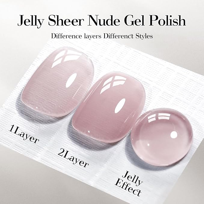 Jelly Nude Pink Gel Nail Polish, 15ml Sheer Clear Light Purple, Translucent Milky Color, High Gloss Soak Off U V Gel Nail French Nail Manicure Salon DIY X11