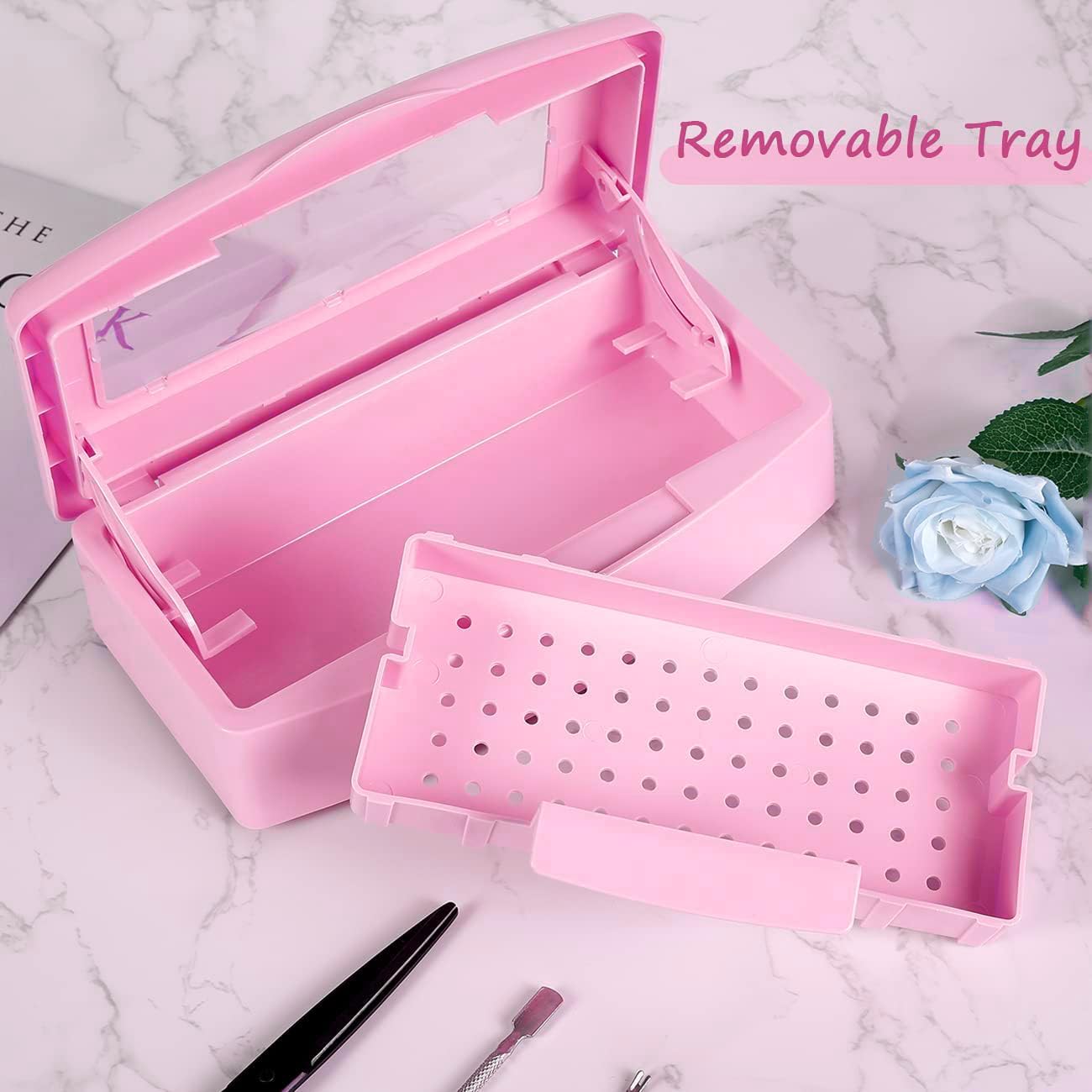 Gusnilo Sanitizing Tray - Disinfectant Container Nail Tool Sterilizer Box Plastic Sanitizing Box for Nail Tools, Hair Salon,Spa (Clear Lid, Pink)