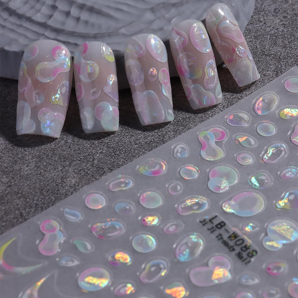 Water Bubble Nail Art Stickers Summer 3D Embossed Bubble Nail Decals 3PCS Colored Shiny Cute Dreamy Bubbles French Tip Design Summer Nails Adhesive Stickers Accessories for Women DIY Nail Decorations