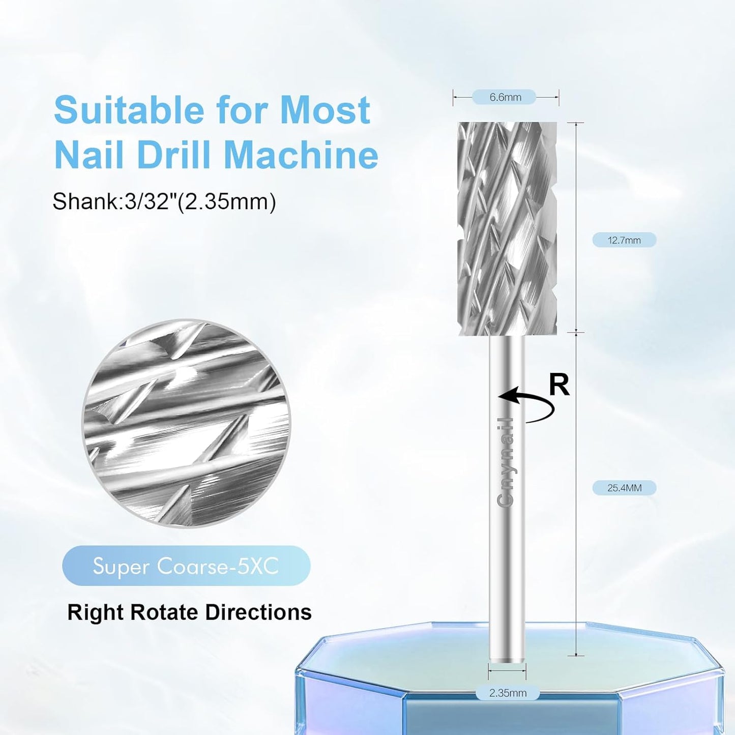 3/32" Large Barrel Bit Tungsten Carbide Nail Drill Bit Safety Bit for Gel & Acrylic Removal, Right Way Rotating Efile Tip, Salon Electric File Accessory (5XC Girt, Silver)