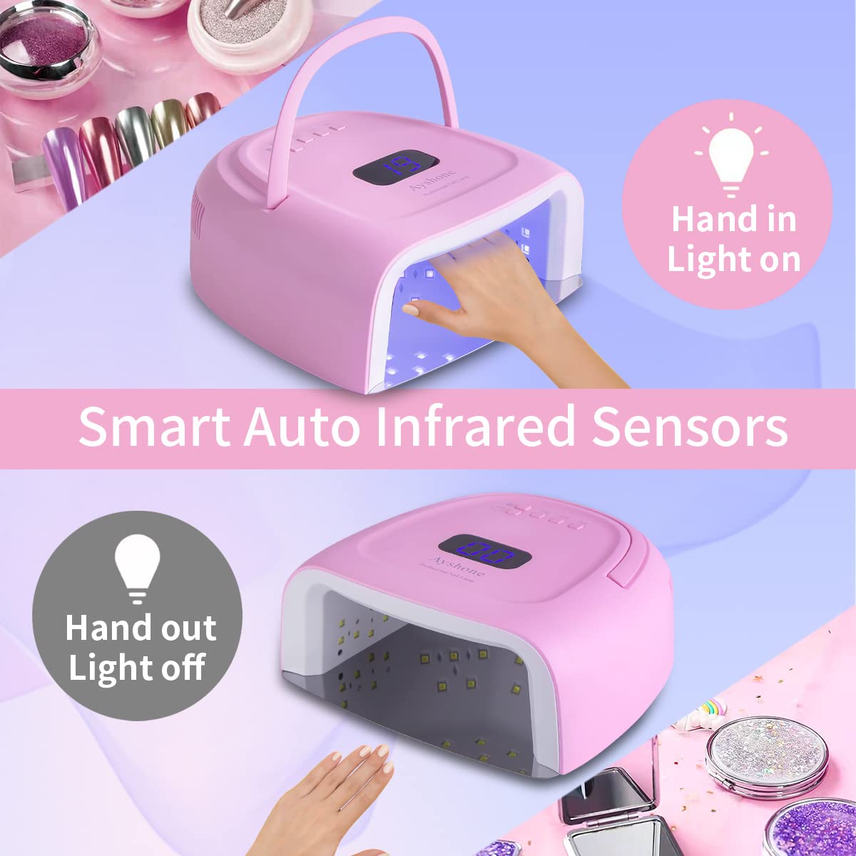 Rechargeable LED Gel Nail Lamp,60W Cordless UV Led Nail Light Nail Dryer for Gel Nails with Lifting Handle Touch Sensor LCD Screen (Pink)