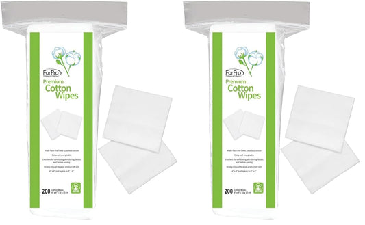 ForPro Premium Cotton Wipes, 100% Cotton, Extra-Soft, for Cosmetic, Nail, and Personal Care, 4” x 4”, 200-Count (Pack of 2)