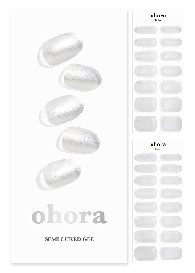 ohora Semi Cured Gel Nail Strips (N Silver Chrome) - White, Metallic, Works with UV/LED Lamps, Salon-Quality, Long Lasting, Easy to Apply & Remove - Includes 2 Prep Pads, Nail File & Wooden Stick