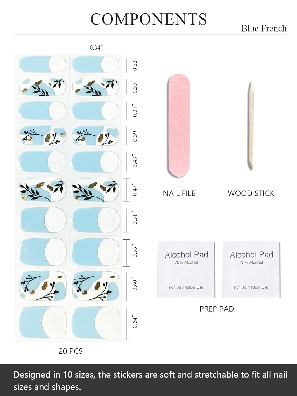 Semi Cured Gel Nail Strips (Blue French), Painted Flowers, 20 Pcs Gel Nail Wraps, Stickers, UV Light Required, Salon Quality, Long Lasting