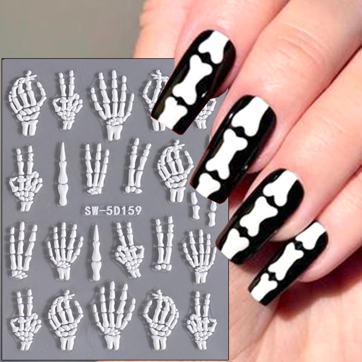 2 Sheets Halloween White Skeleton Bones Nail Art Stickers 5D Embossed Finger Skull Nail Stickers Design Self-Adhesive Skeleton Fingers Nail Decals for Women DIY Halloween Party Nails Decorations