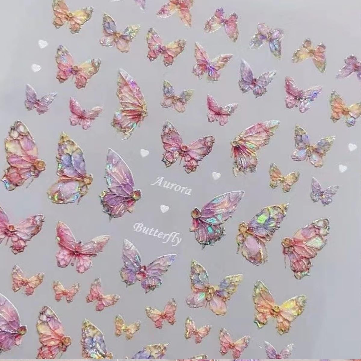Butterfly Nail Art Stickers 5D Embossed Pink Butterfly Nail Decals Glitter Aurora Butterfly Nail Pattern Self-Adhesive Nail Art Supplies Butterfly Nail Stickers for Women Manicure DIY Nail Decoration