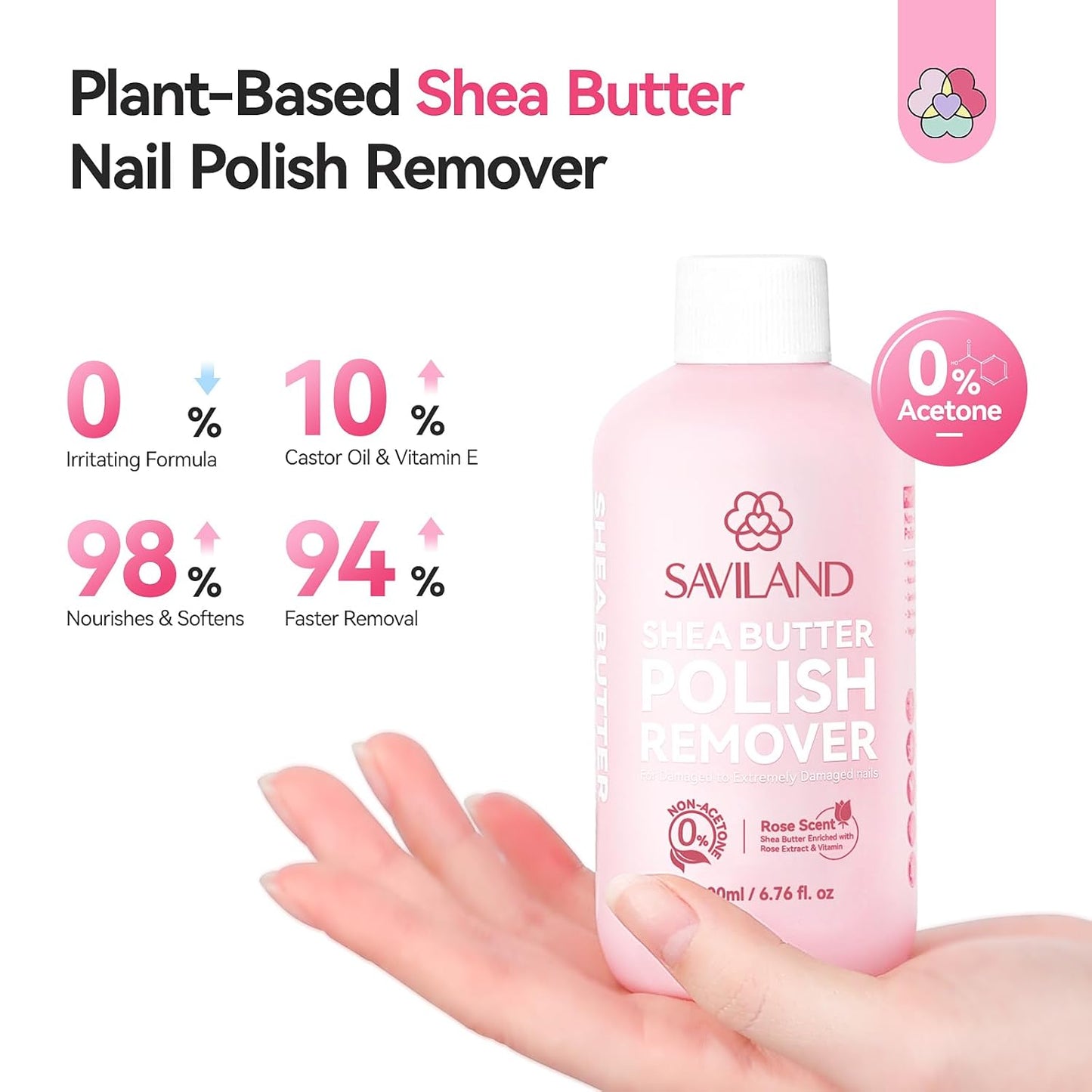 SAVILAND Plant-Based Nail Polish Remover: 200 ML Non-Acetone Non Drying Fingernail Polish Remover Shea Butter Nails Removal Rich in Castor Oil VE for Cateye Glitter Regular Nail Polish Home Salon Use