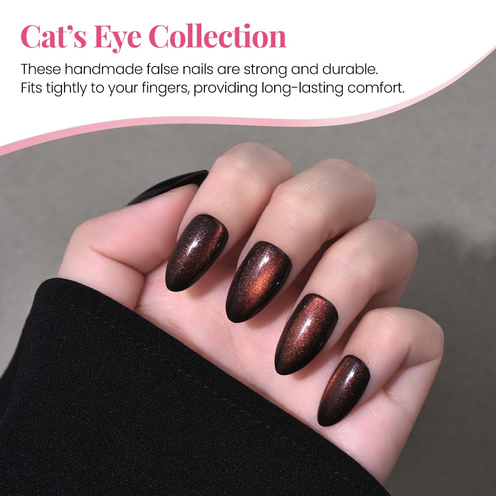 evpct Dark Red Press on Nails Almond Short, Reddish Brown Cat Eye Glitter Press on Nails for Women Gift, Soft Gel Press Glue On Nail with Nail Glue, Full Cover, 30Pcs Reusable Acrylic Fake Nails Kit