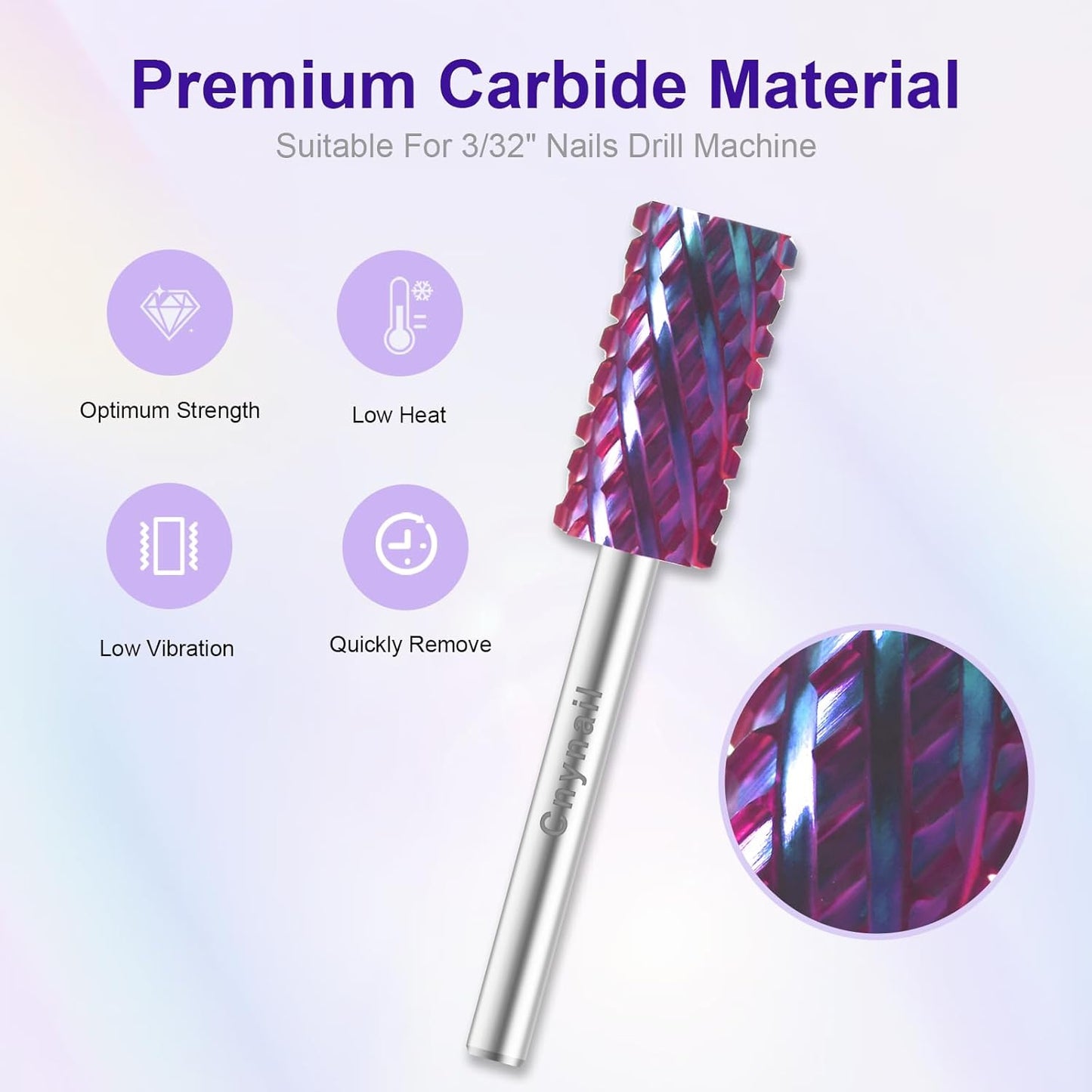 3/32" Large Barrel Bit Tungsten Carbide Nail Drill Bit Safety Bit for Gel & Acrylic Removal, 2- Way Rotating Efile Tip, Salon Electric File Accessory (4XC Girt, Purple)