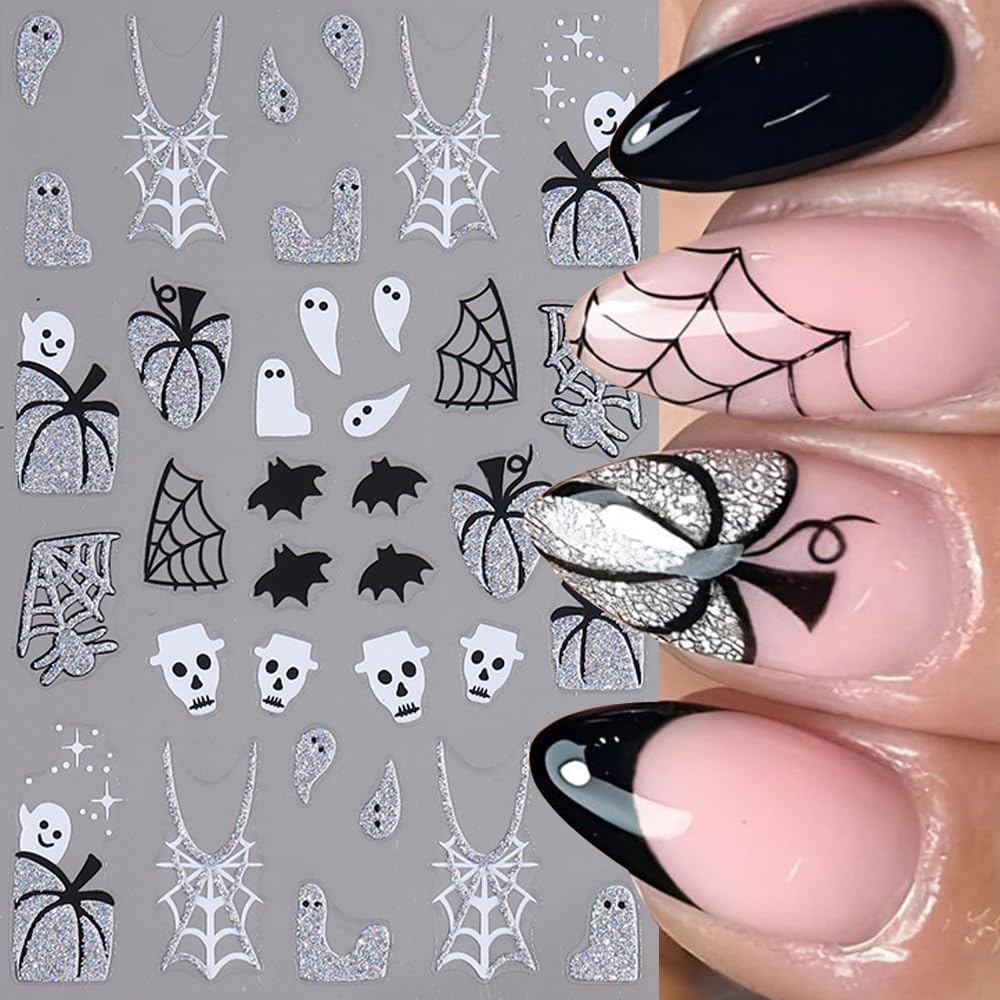 5 Sheets Halloween Nail Art Stickers 3D Self-Adhesive Gold Silver Halloween Nail Decals Glitter Pumpkin Spider Web Bat Ghost Nails Stickers Holiday Nails Art Supplies for Women DIY Manicure Art Kit