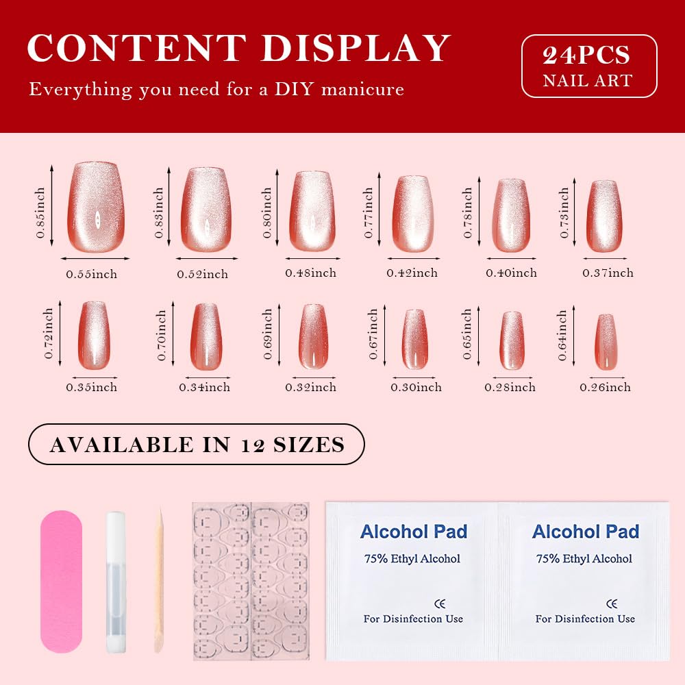 evpct Pink Cat Eye Coffin Press on Nails Square Medium, Medium Square Glue on Nails for Women Gift, Warm Pink Metallic Glitter Glossy Reusable Spring Summer Gel Press on Acrylic Fake Nail with Design