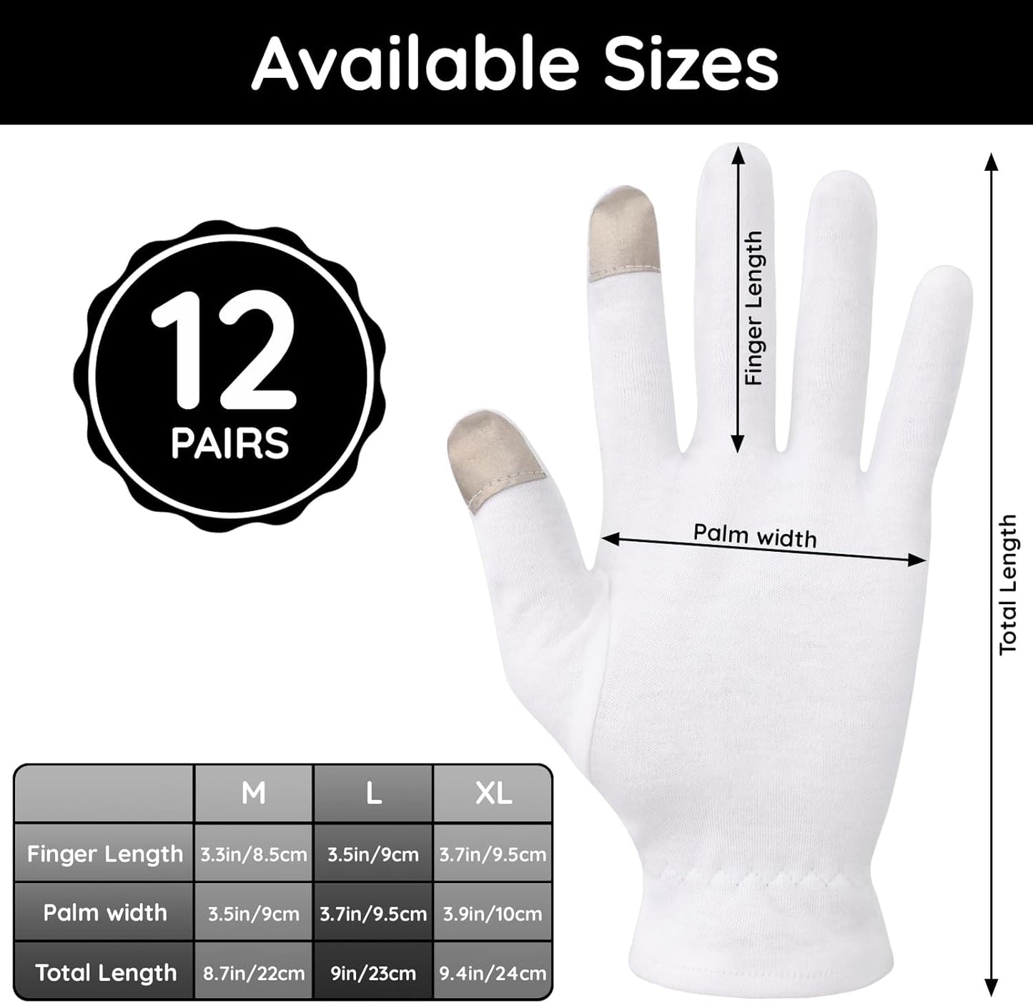Segbeauty 24 Count White Cotton Gloves with Touchscreen Fingertips, 12 Pairs Moisturing White Gloves with Elastic Band for Dry Hands, Soft Thick Cotton Sleeping Gloves Overnight for Men & Women Large