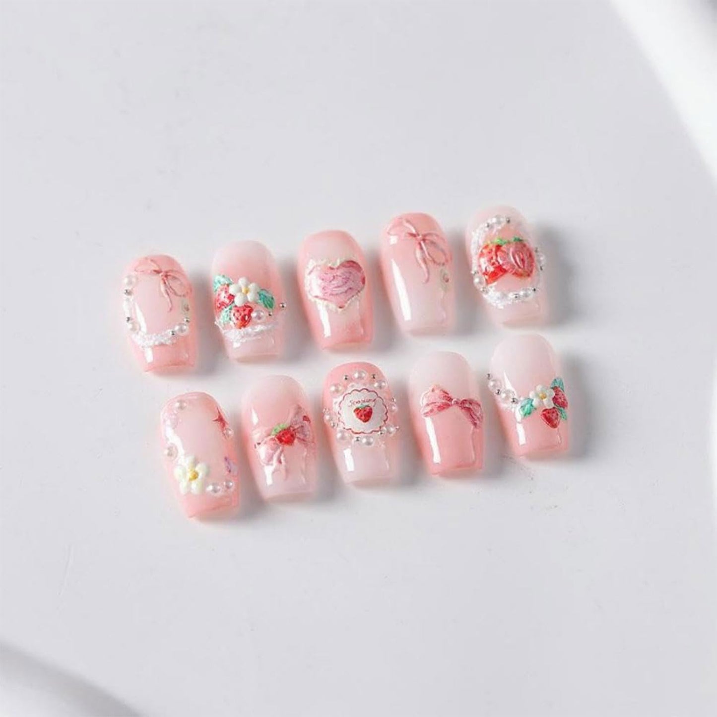 Strawberry Nail Stickers Pink Bow Nail Art Stickers 5D Self-Adhesive Nail Decals Strawberry Cake Nail Design Pink Nail Art Decoration Accessories for Women and Girls