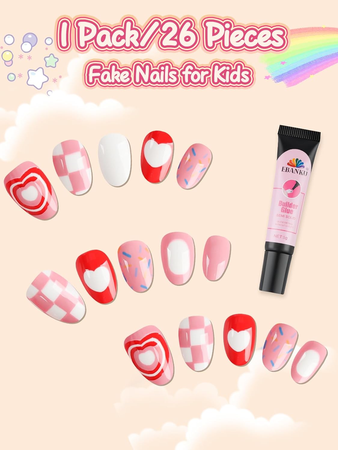 26 Pcs Kids Press on Nails Set, EBANKU Fake Nails for Girls 5-12 Years Pink Grid Heart False Nails with Nail Glue, Short Full Cover Press on Nails Tip for Child