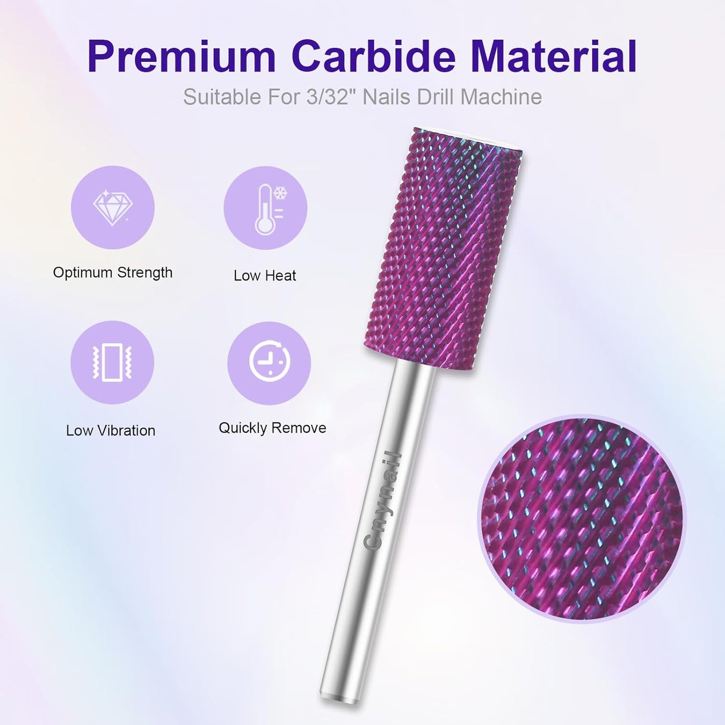 3/32" Large Barrel Bit Tungsten Carbide Nail Drill Bit Safety Bit for Gel & Acrylic Removal, 2- Way Rotating Efile Tip, Salon Electric File Accessory (F Girt, Purple)