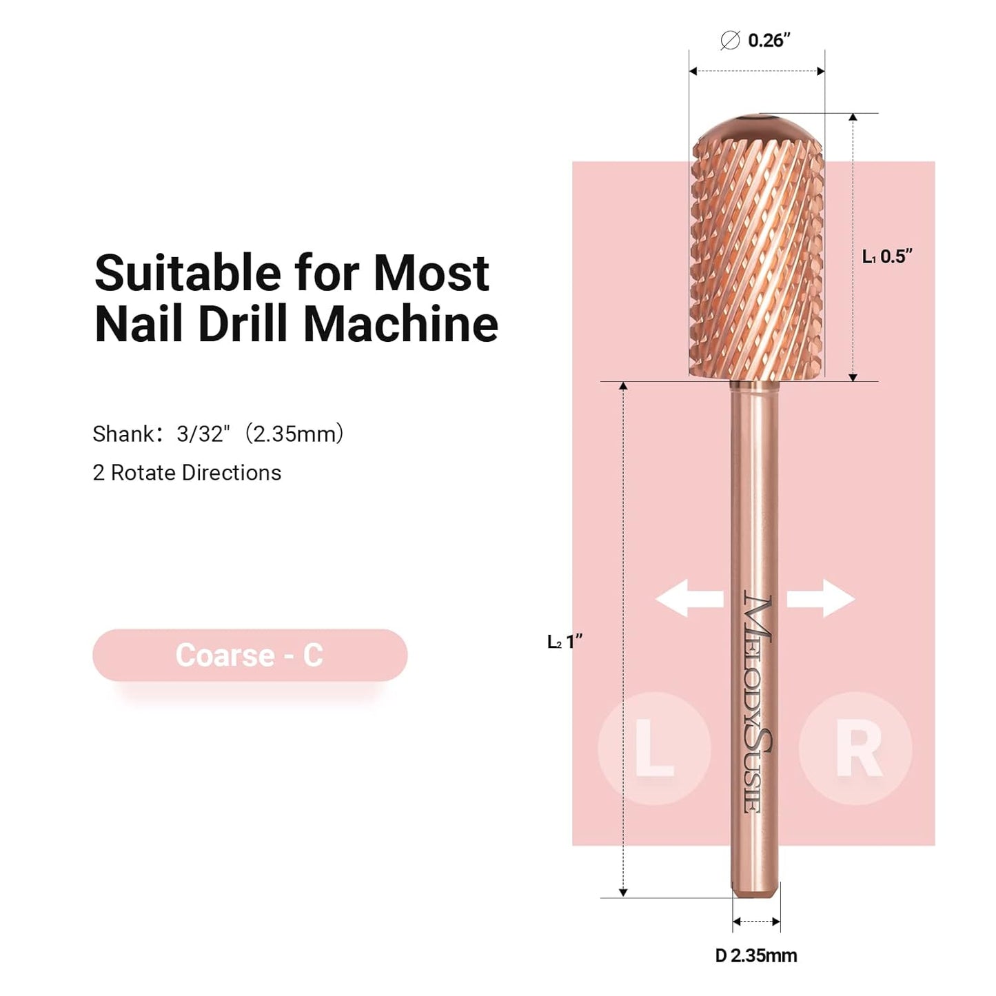 MelodySusie Safety Nail Drill Bits, 3/32'' Smooth Round Top Large Barrel Carbide Bits, Suitable for Manicure Pedicure Cuticle Gel Polishing, Beginners Bits, Rose Gold, Series Bit-S, Coarse