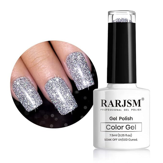 RARJSM Reflective Glitter Gel Polish Bright Silver Pigments 7.5ml Holographic Rainbow Iridescent Shimmer L E D U V Soak Off Sparkle Diamond Gel Polish Nail Art Manicure Salon DIY at Home 1pcs