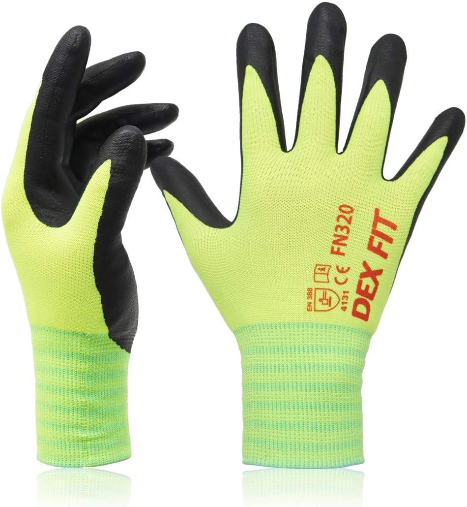 DEX FIT Premium Nylon Nitrile Work Gloves FN320, 3 Pairs, 3D-Comfort Stretchy Fit, Firm Grip, Thin & Lightweight, Durable, Breathable & Cool, Machine Washable; Neon Green 9 (L)