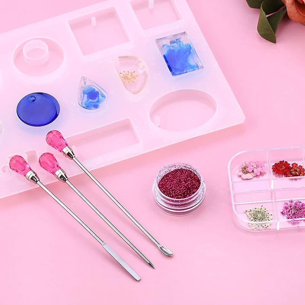 11 Pcs Silicone Resin Mold Tools Set Stirring Needle Spoon Tool Tweezers Precision Kit, Anti-Static Electronics Tweezers Set for Resin Art Crafts,Jewelry Making,Epoxy Casting Molds-Rose Red & Purple