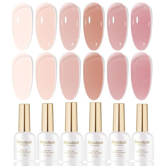 Beautpal Nude Gel Polish Set Milky Nude Sheer Pink Jelly Gel Polish Nail Kit Soak Off UV Translucent Nail Polish Gel 6PCS 8ml J03