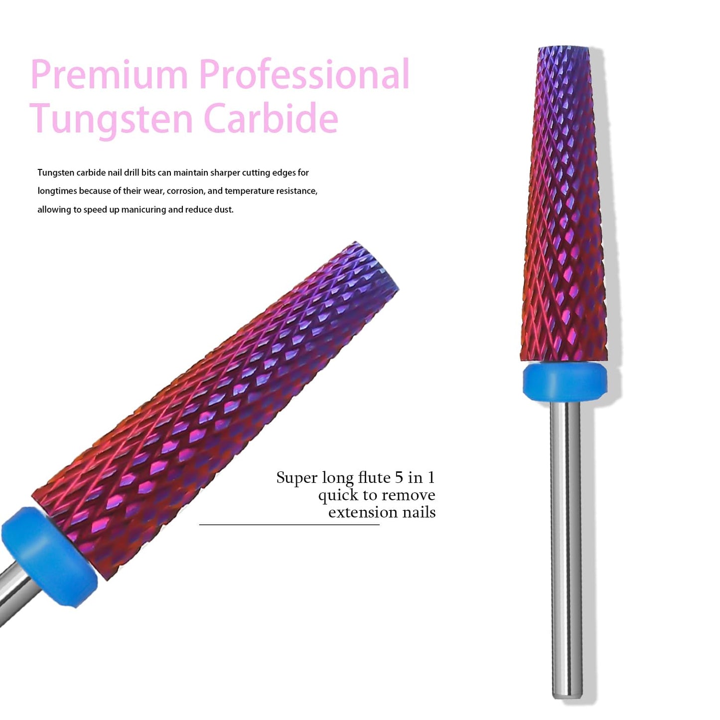 Super Long 5 in 1 Nail Drill Bits, Professional 3/32'' Carbide Tungsten Two Way Rotary Nail Cleaner Nail Bits, Suitable for Manicure Pedicure Cuticle Gel Polishing Acrylic Nails (Purple, Medium-M)