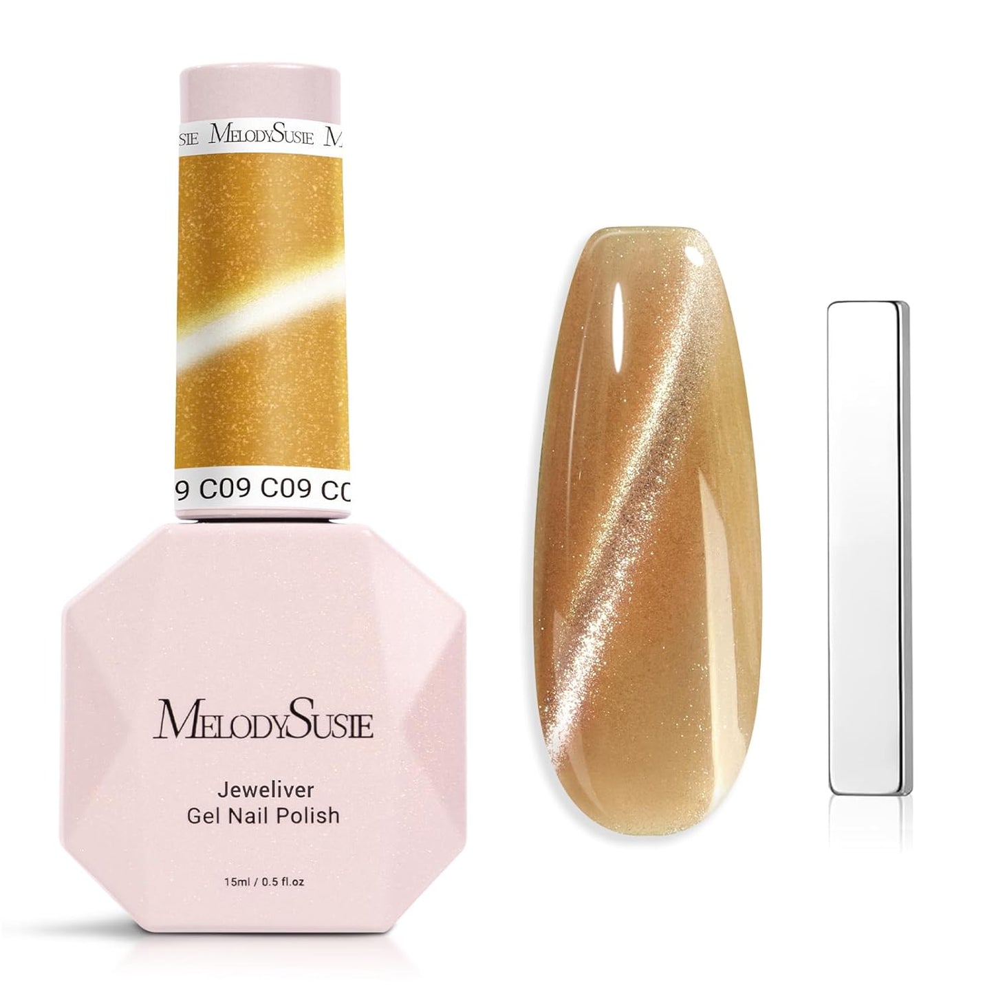 MelodySusie Jeweliver Cat Eye Gel Nail Polish, 0.5 Fl Oz Gold Glitter Holographic Magnetic With Magnet, UV for Nail Art Manicure Salon DIY at Home-C09