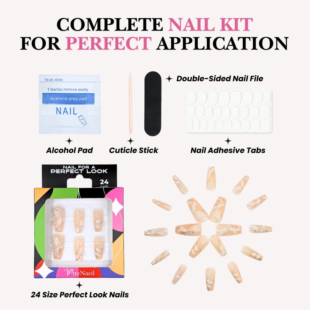 Perfect Look Press On Nails - Pearl Marble | No Glue One-Day Long Coffin Nails, Nude Marble Nails with Pearl Accents - 24 Pcs Nail Kit with Adhesive Tabs
