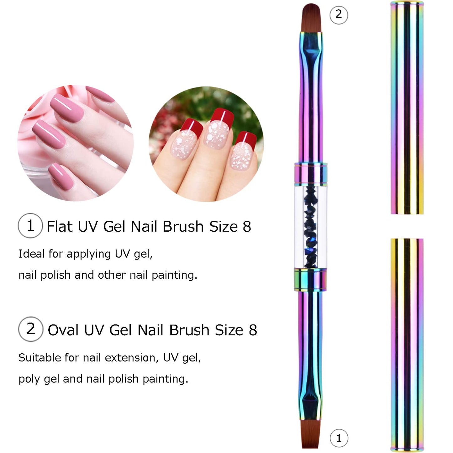 2Pcs Dual-ended Nail Design Brushes Rhinestone Handle UV Gel Nail Brush Set Professional Nail Art Tools Rainbow