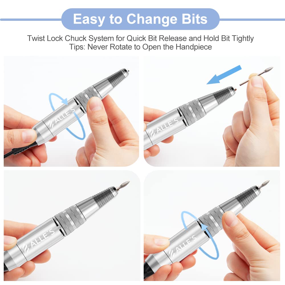 Professional Electric Nail Drill Machine 30000 RPM Efile Buffer Manicure Grinder Tools for Acrylic Nails with Nail Bits and Sanding Bands - White