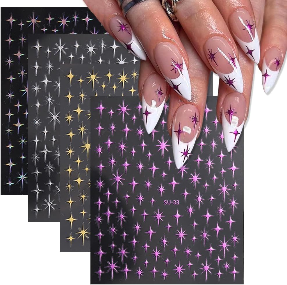 4 Sheets Starlight Star Nail Stickers 3D Glitter Shiny Purple Gold Silver Laser Stars Nail Art Designs Self-Adhesive Nail Decals for Women Girls DIY Manicure Decoration Supplies