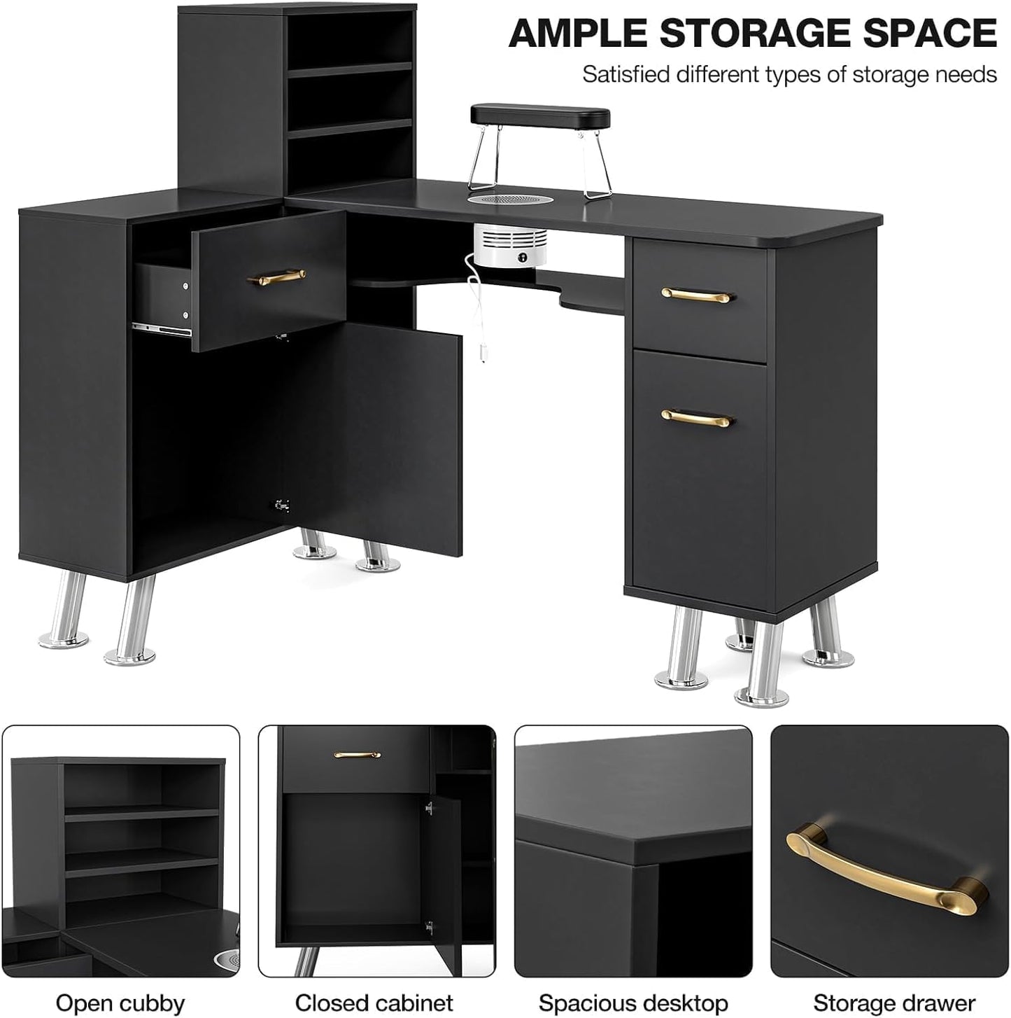 Manicure Table with Shelves, L-Shaped Nail Table Station w/Electric Downdraft Vent, Foldable Nail Arm Rest, Storage Cabinets, Drawers, Metal Handles & Legs for Nail Tech(Black New)