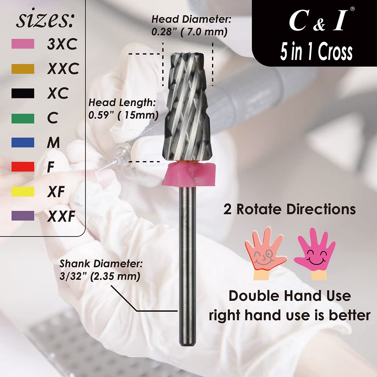 C & I 5 in 1 Multi-Function Tapered Shape Nail Drill, Cross Teeth Edition, Professional Drill Bit for Nail Manicure Machine (Triple Coarse - 3XC)
