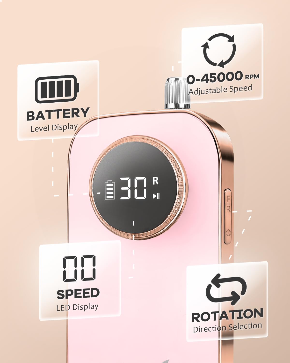 45000 RPM Nail Drill - Brushless Cordless Efile LCD Display & Heat Reduction Tech for Acrylic Gel Nails (Pink)