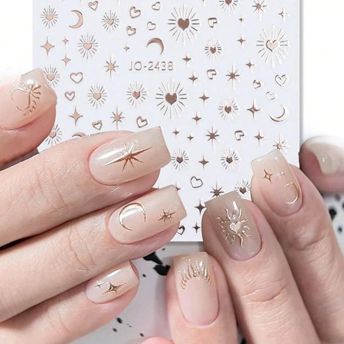 8 Sheets Gold Silver Nail Stickers Stars Heart Nail Decals 3D Self-Adhesive Bronzing Laser Star Moon Sun Love Hearts Metallic Chrome Line Nail Design Sticker for Women Girls Manicure Decoration