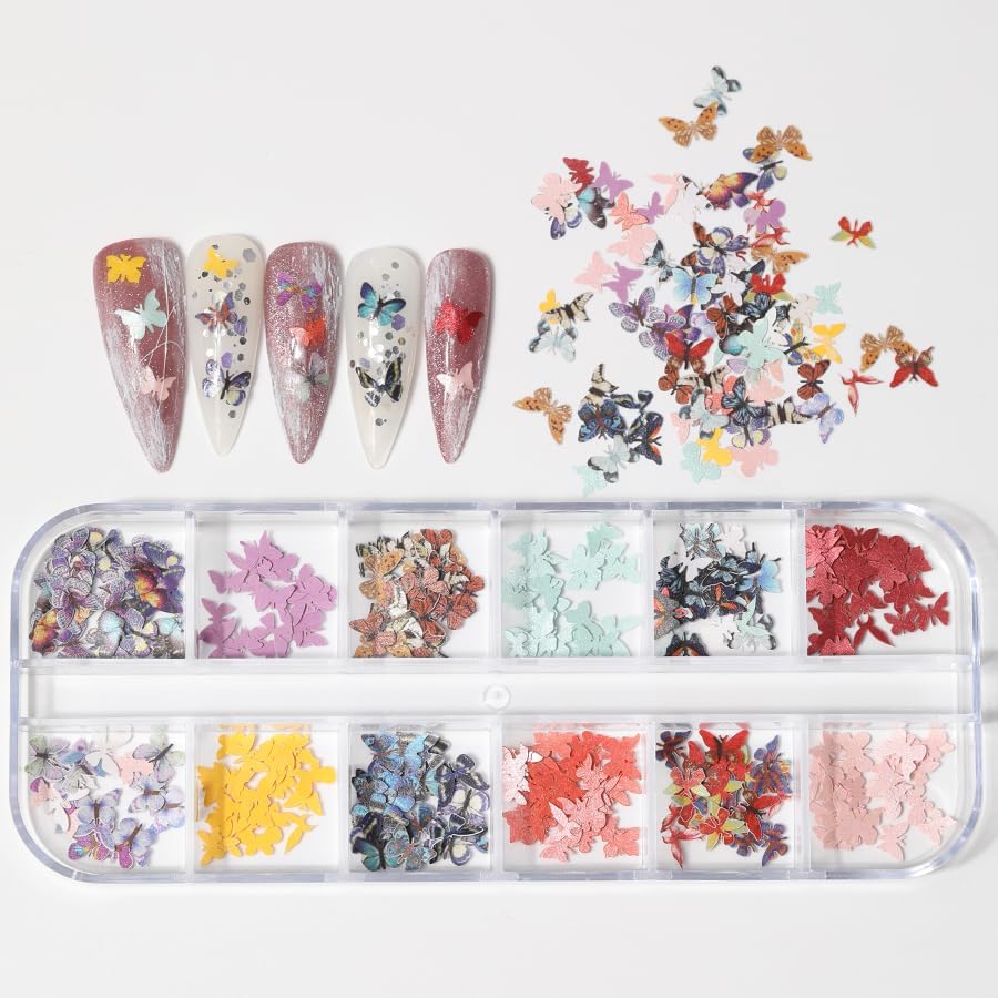 600Pcs 3D Flower Nail Art Charms Sequins Decals Colorful Mixed Butterfly Design Slice Nail Flowers Ultra Wood Pulp Flakes Sequins 2