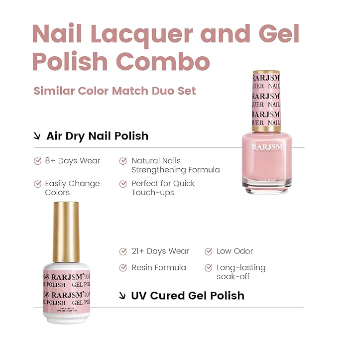 RARJSM Light Pink Nude Gel Nail Polish 2pcs Set,Gel and Lacquer Combo,Light Pink Air Dry Nail Lacquer and Nude Pink Gel Polish LED UV Curing Requires French Manicure DIY Nail Art Home Salon 15ml