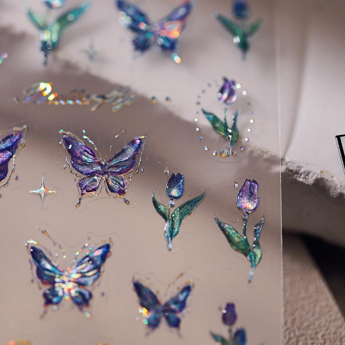 Butterfly Nail Art Stickers - Blue Butterflies, Flower Designs, 5D Embossed Decals, Shiny Accessories for Women & Girls. Great for Spring-Summer Nail Art Decoration