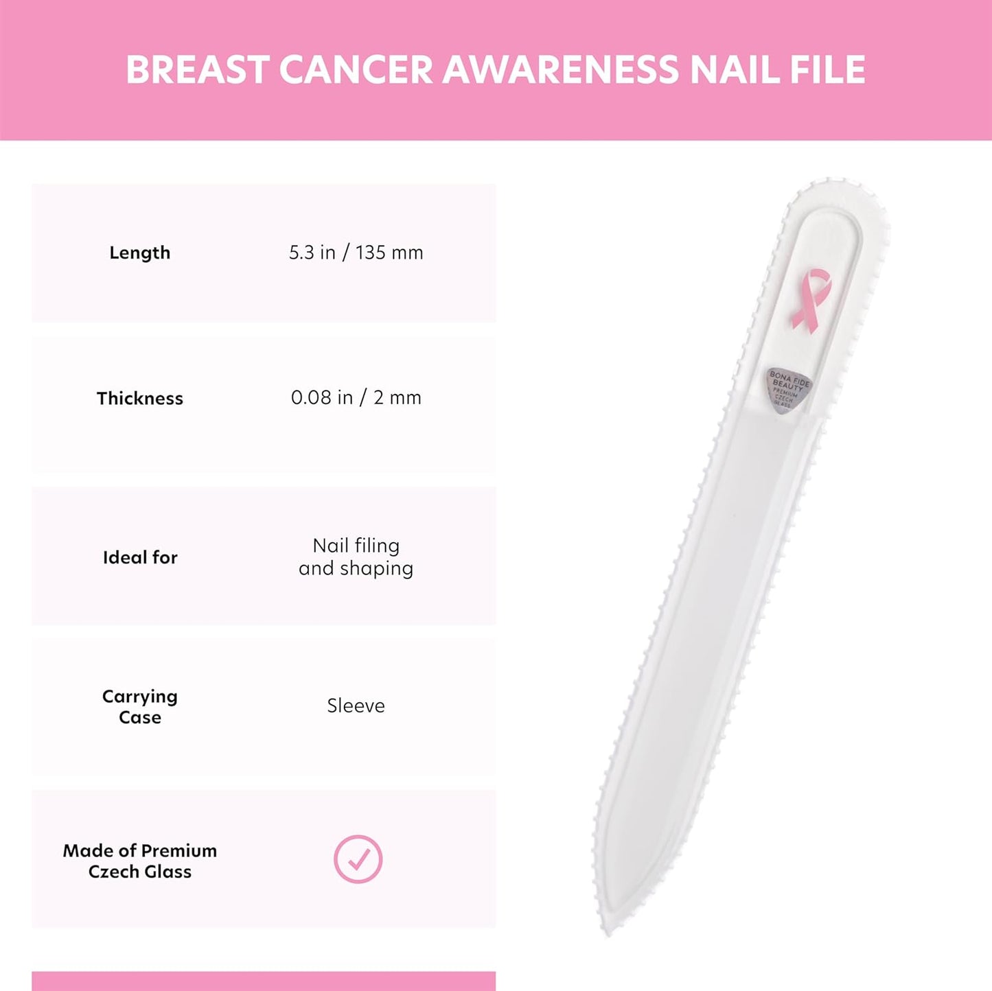 Bona Fide Beauty Czech Glass Nail File with Pink Ribbon - Breast Cancer Awareness Nail Filer for Cause, Pink Ribbon Nail File.