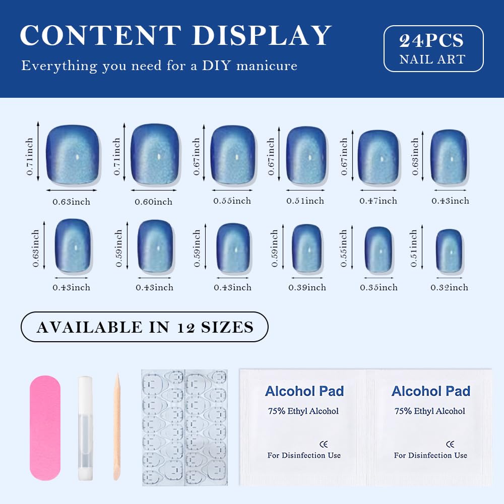 evpct Blue Cat Eye Extra Short Press on Nails Square, Petite Short Square Glue on Nails for Women Gift, Light Sky Blue Metallic Glitter Glossy Reusable Gel Press on Acrylic Fake Nail with Designs